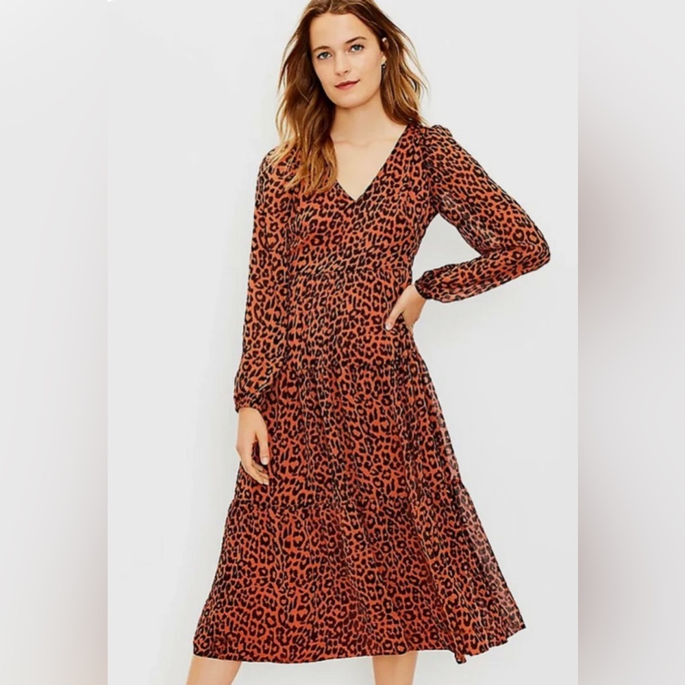 LOFT NWT Leopard Print Tiered V-Neck Midi Dress
